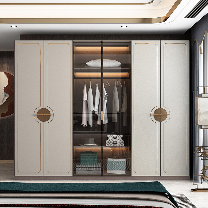 现代新中式整体衣柜定制卧室主卧平开门步入式玻璃衣帽间定做订制