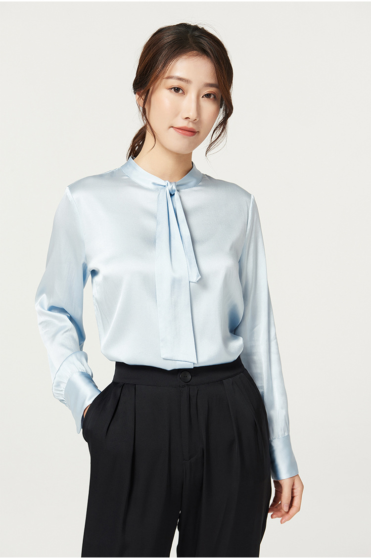 真丝衬衫女长袖桑蚕丝2021春季新款衬衣大码通勤缎面立领上衣飘带