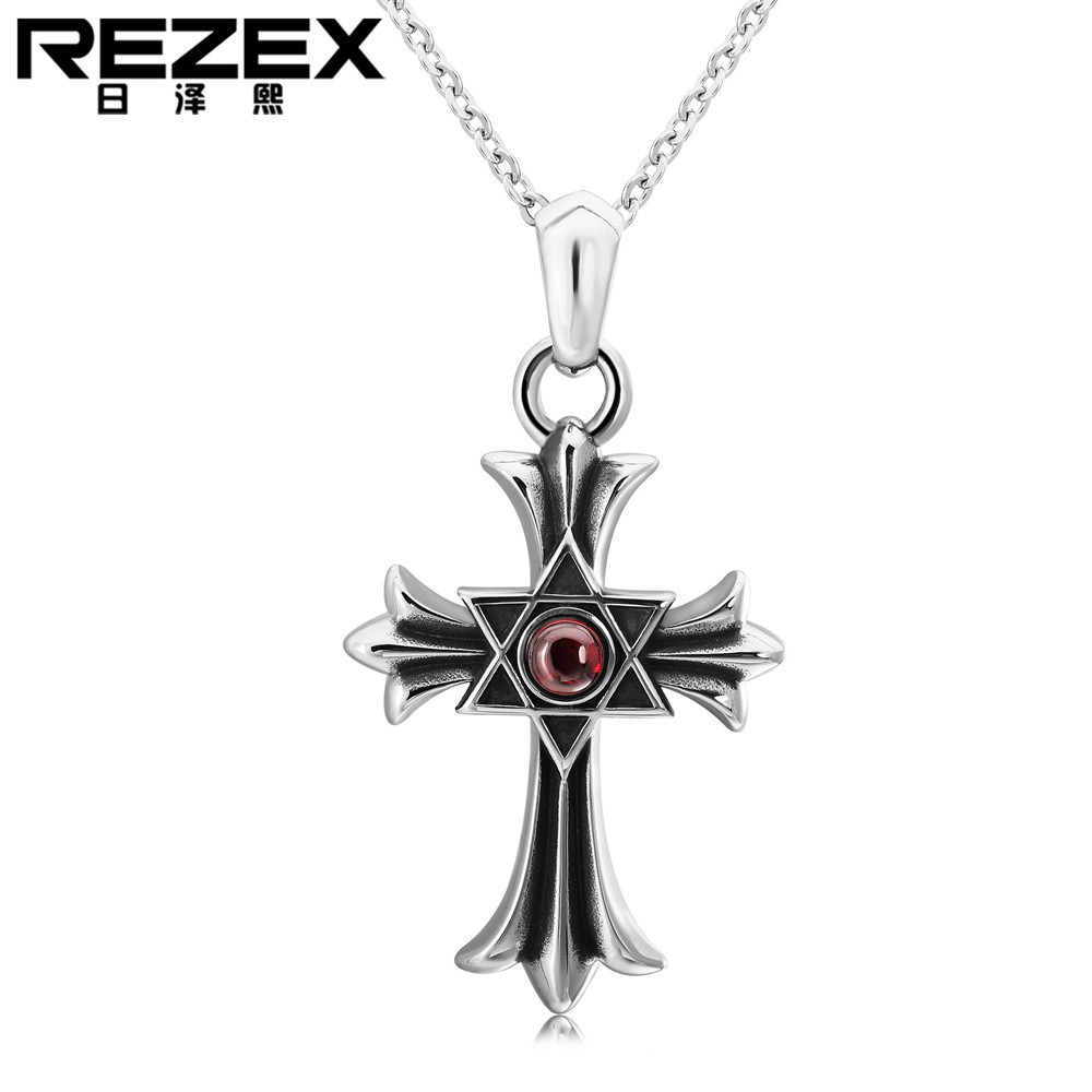 p0037-nk13 欧美时尚复古六芒星钛钢吊坠男女十字架项链毛衣链