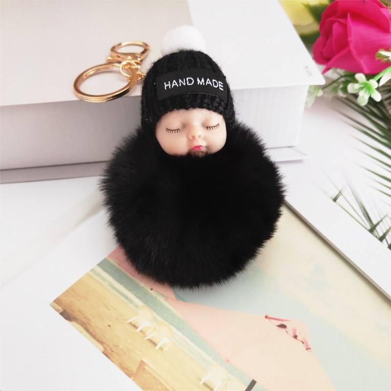 Cute Artificial Rabbit-Fur Ball Cute Sleeping Doll Key Chain Plush Doll Woolen Cap Doll Bag Automobile Hanging Ornament Female