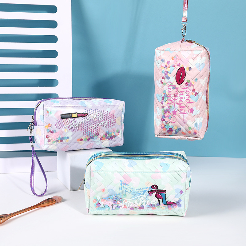 european and american fashion english pu leather cosmetic bag outdoor portable wash bag personalized small shell sequins storage bag