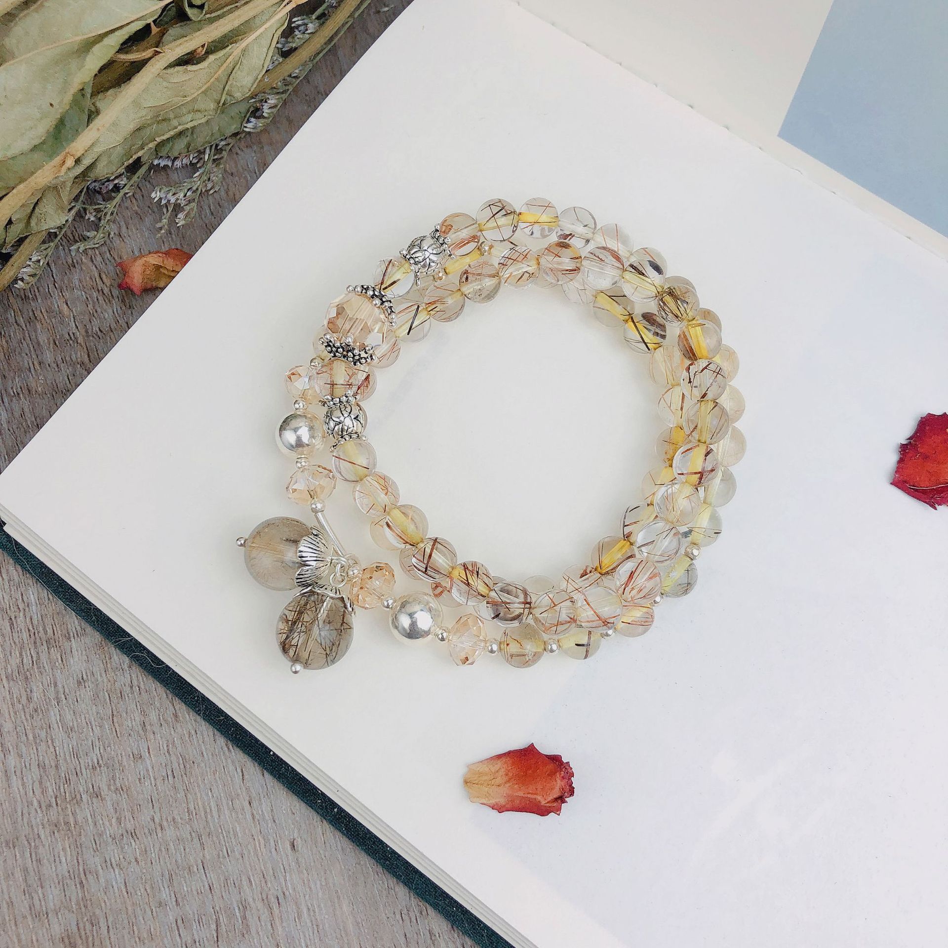 s925银珠三圈发晶手链女个性气质简约可当项链佩戴diy饰品手串