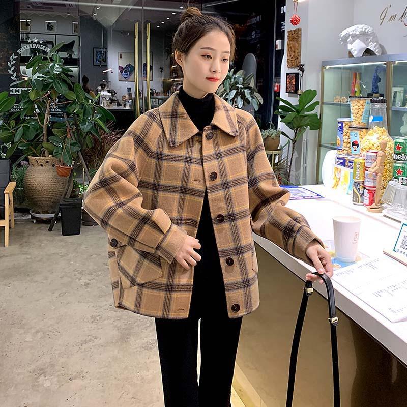 格子双面羊绒大衣女短款宽松羊毛呢外套小个子百搭一件代发