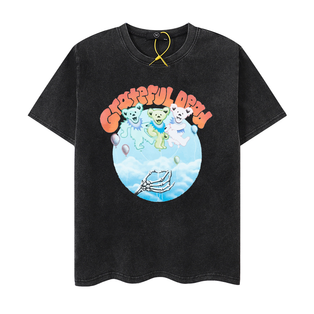 2024美式街头新品放飞浣熊彩色星球卡通印花做旧洗水复