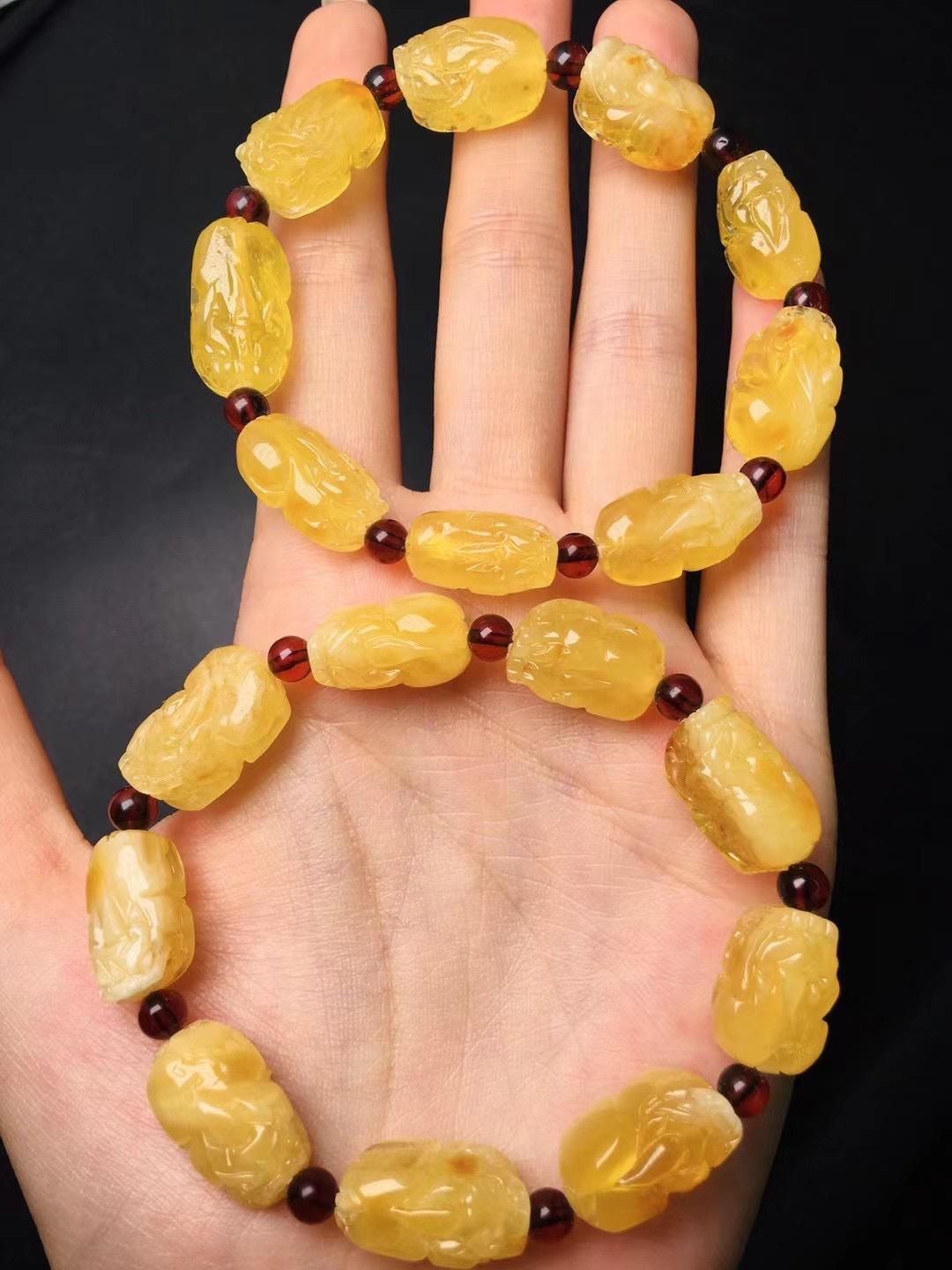 俄料蜜蜡貔貅手串琥珀手链 蜜蜡鸡油黄手链血泊手串