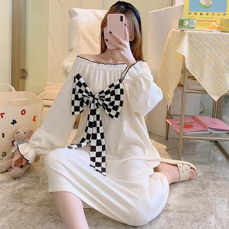 一字肩睡衣女春秋季中长款全棉宽松薄款ins网红公主风家居服睡裙