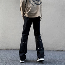 vibe国潮高街裤子小众设计感黑色牛仔裤男修身直筒美式工装微喇裤