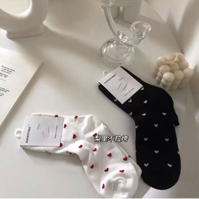 White Small Love Socks Children Tube Socks Spring and Autumn All-Match Ins Trendy Pure Cotton Japanese Cute Long Socks Summer Thin