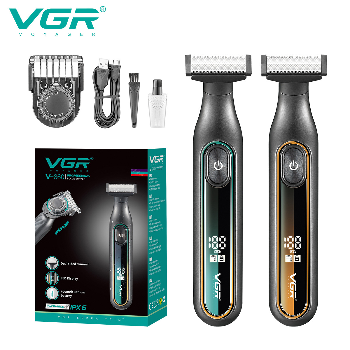 VGR360跨境新款数显电动刮胡刀IPX6级防水USB充电式男士T型剃须刀
