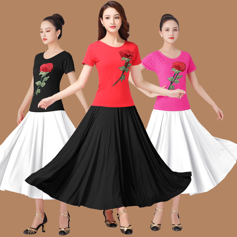 广场舞服装春夏舞蹈服套装高腰中长裙演出服民族风绣花上衣裙子女