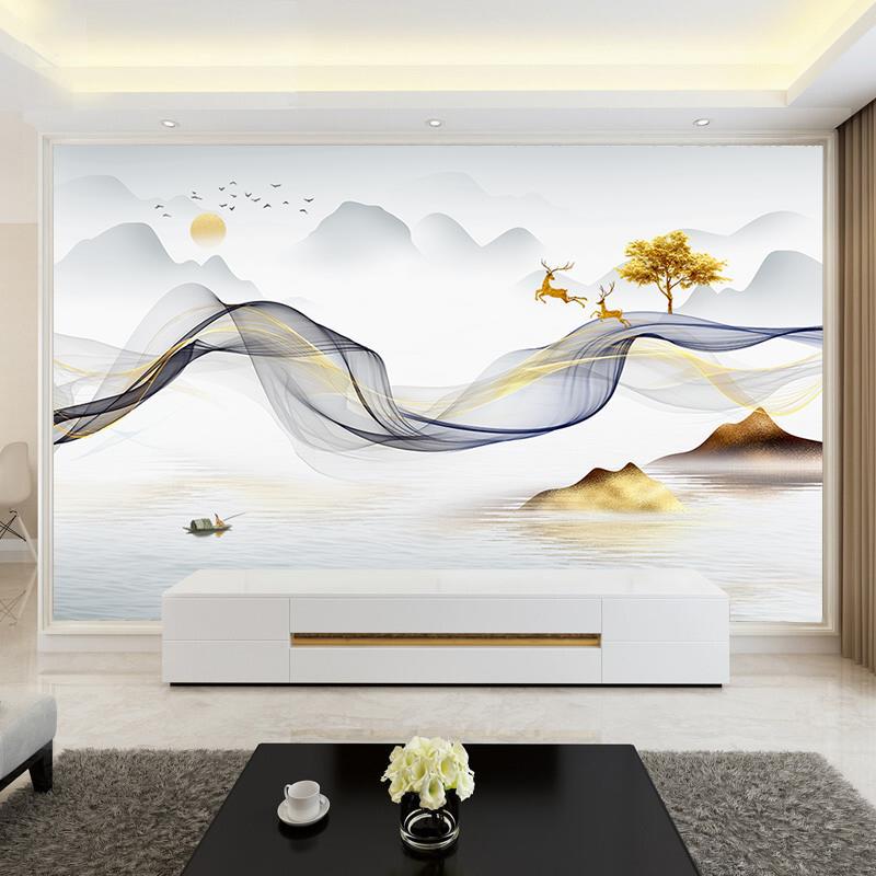 电视背景墙壁纸8d客厅壁画5d墙纸3d墙布酒店新中式山水画影视墙