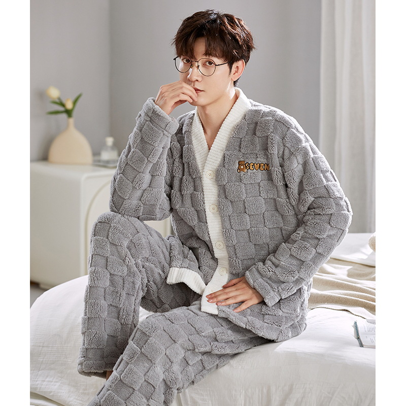 Factory Direct Sales Pajamas Men's Autumn and Winter Coral Fleece Thermal Extra Thick with Fleece Winter Flannel Homewear Suit