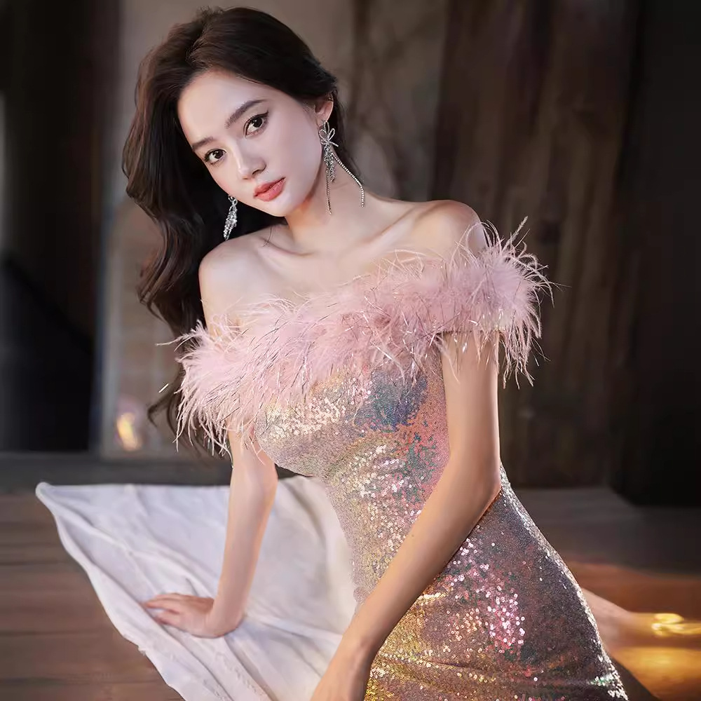 亮片晚礼服裙女年会晚会鱼尾声乐艺考独唱粉色亮闪闪主持礼服批发