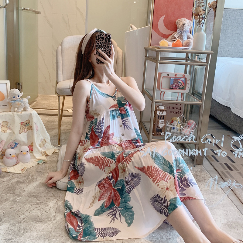 Women's Artificial Cotton Nightdress Summer Artificial Cotton Printed Sling Pajamas Pregnant Women Can Wear outside Summer plus Size Homewear