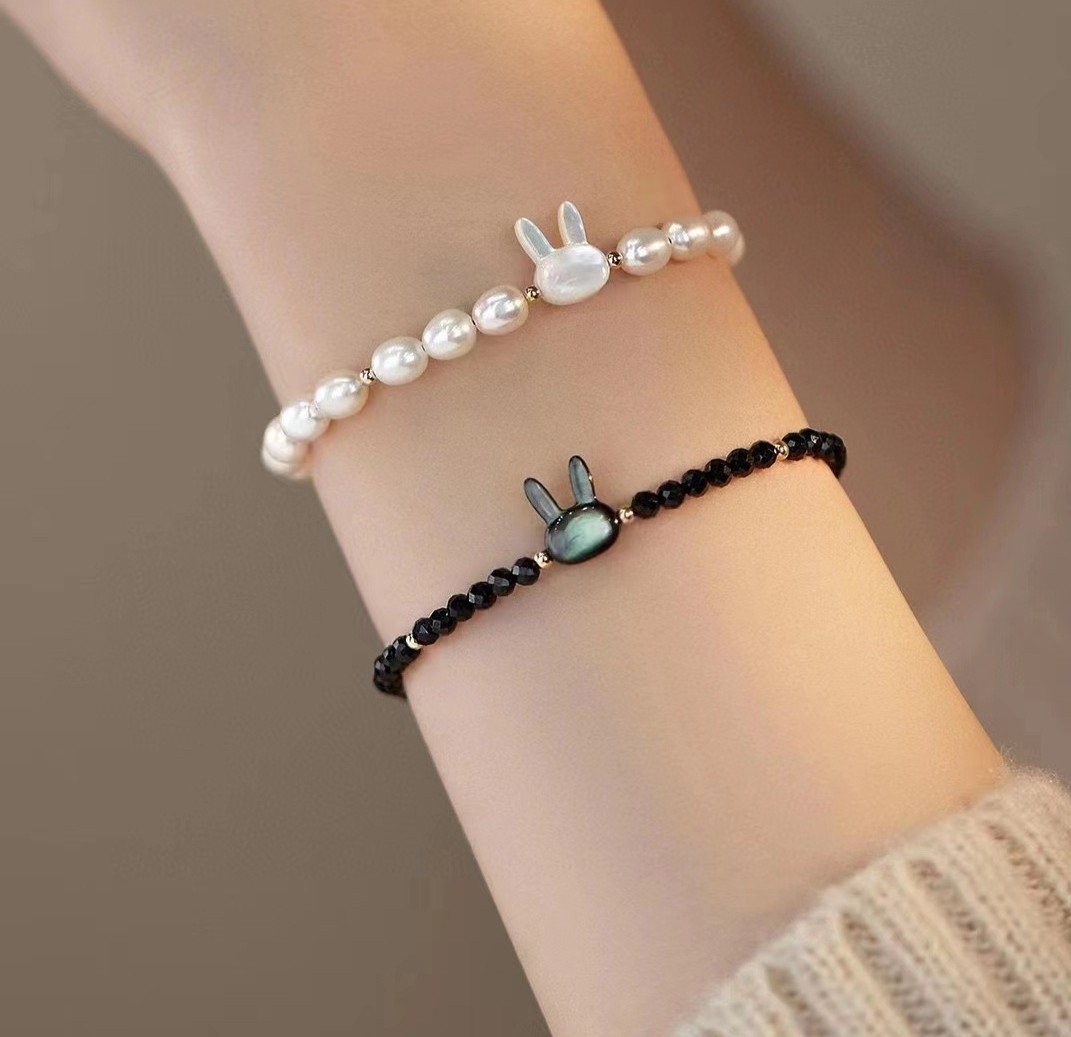 Freshwater Pearl Rabbit Bracelet Black Spar Vintage Rabbit Year Personality Bracelet Birth Year 2023 New Trendy Best-Selling