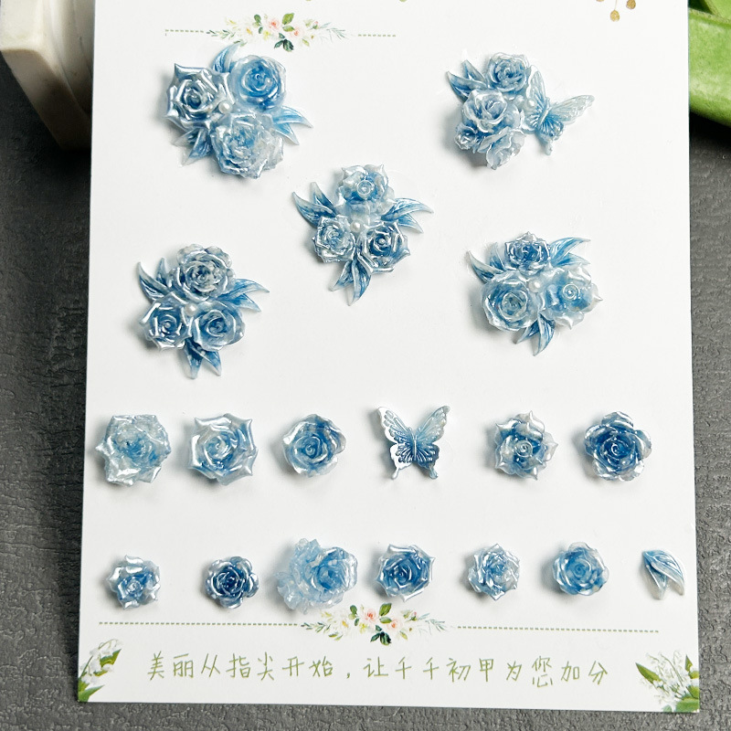 复古蓝色系美甲素材软陶玫瑰山茶花美甲饰品义乌美甲小饰品配件混