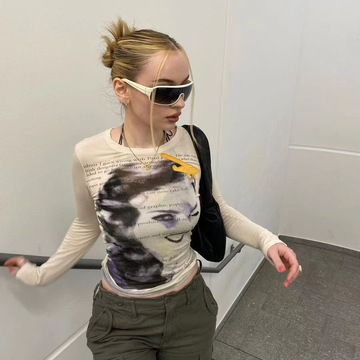 戚朵2022欧美跨境热卖ins同款艺术人像印花英文字母长袖t恤上衣