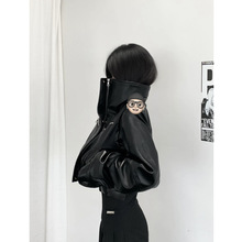 辣妹黑色皮衣外套女2023秋冬新款小众设计感短款高领机车夹克上衣