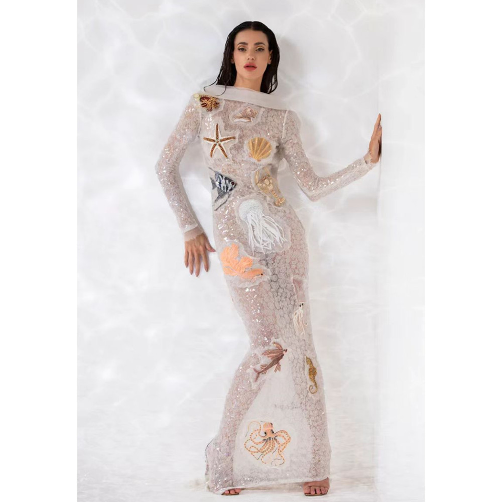 欧美跨境性感露背白色亮片透视包臀长裙海洋主题派对演出礼服