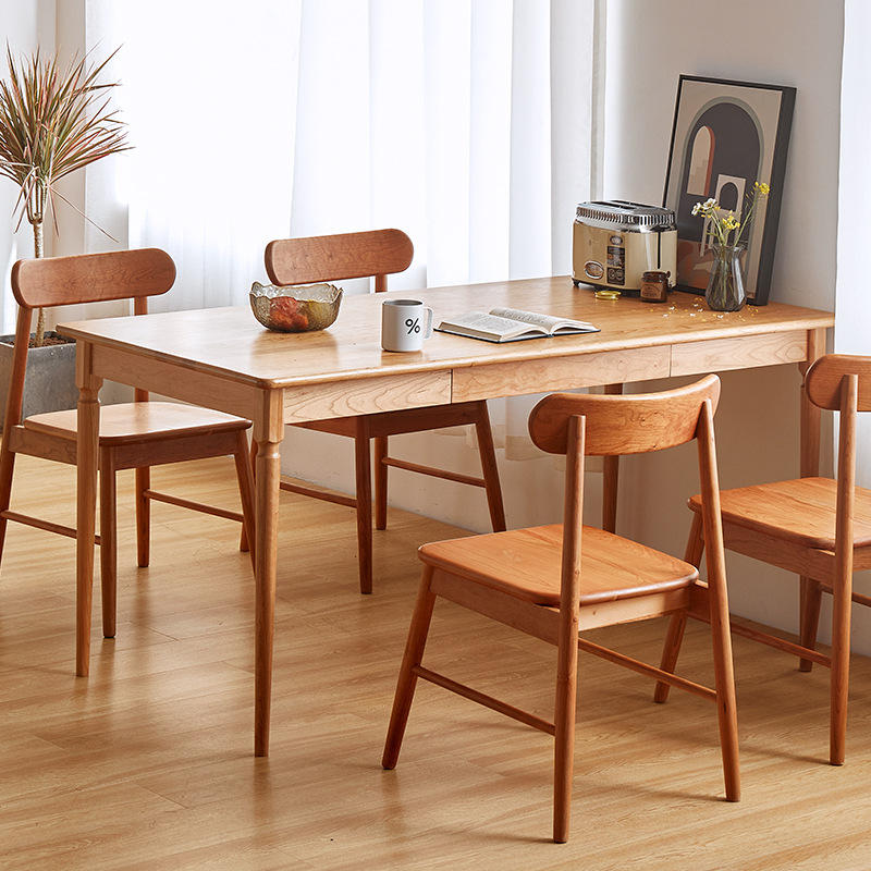 北欧实木餐桌方形简约抽屉日式现代小户型复古樱桃木美式餐厅饭桌