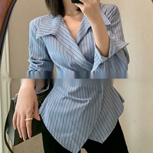 韩版不规则蓝色条纹衬衫女春秋复古高级新款衬衣独特超好看上衣潮