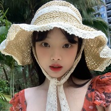 草帽ins系带镂空草编帽女夏季出游防晒沙滩太阳帽蕾丝边遮阳帽子