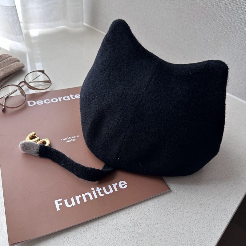 韩版甜萌猫耳朵贝雷帽女黑色可爱猫小尾巴英伦复古羊毛画家帽女