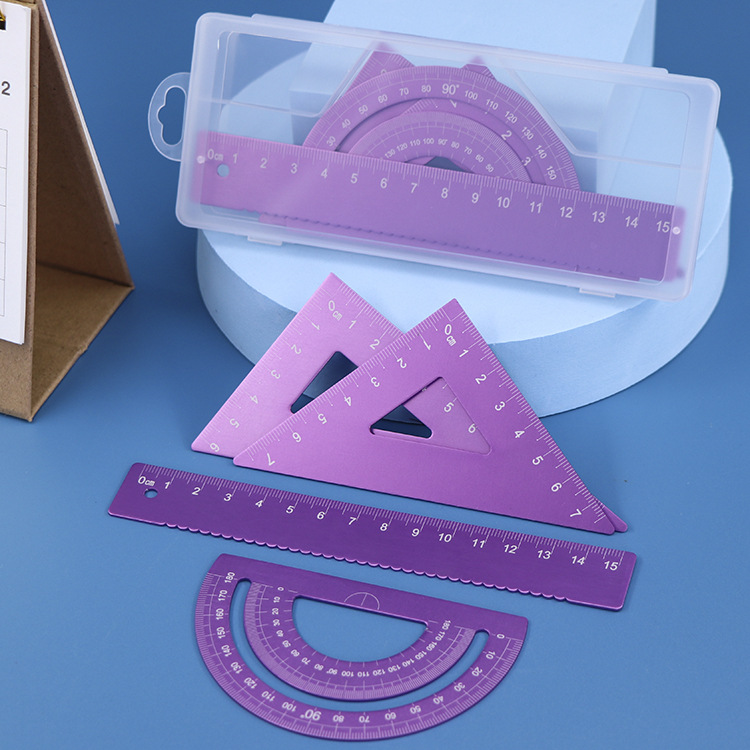 学生桌面尺子文具四件套办公室刻度尺子套装带塑料盒子尺子四件套
