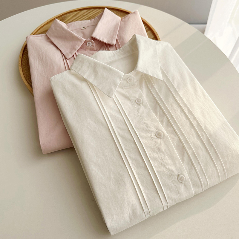 折叠时间 春季新白色风琴褶纯棉长袖衬衫女韩版宽松文艺打底衬衣