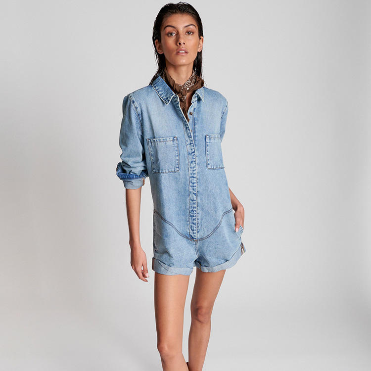 外贸中高品质浅色牛仔连体衣女2022欧美新款时尚修身翻领连体裤