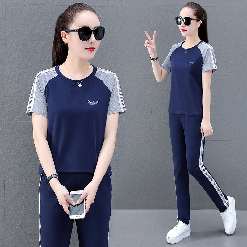 纯棉短袖套装女休闲两件套2021夏季新款时尚运动服曳步舞蹈服女装
