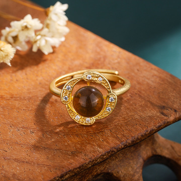 网红直播供货旗袍古装配饰古法金工艺镶嵌二代蓝珀琥珀山茶花戒指