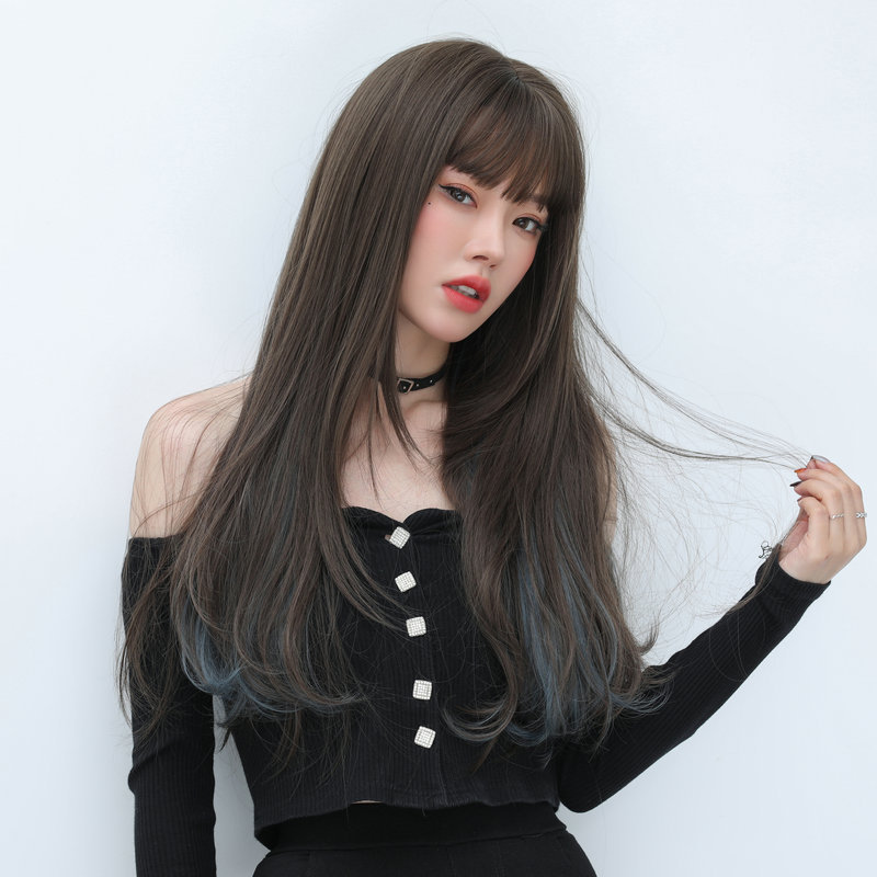 挂耳挑染卷发假发女 空气刘海自然全头套 中长发假发批发女长卷发