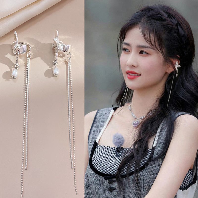 白鹿同款精灵耳骨夹流苏珍珠蝴蝶耳夹女无耳洞小众设计感耳饰品潮