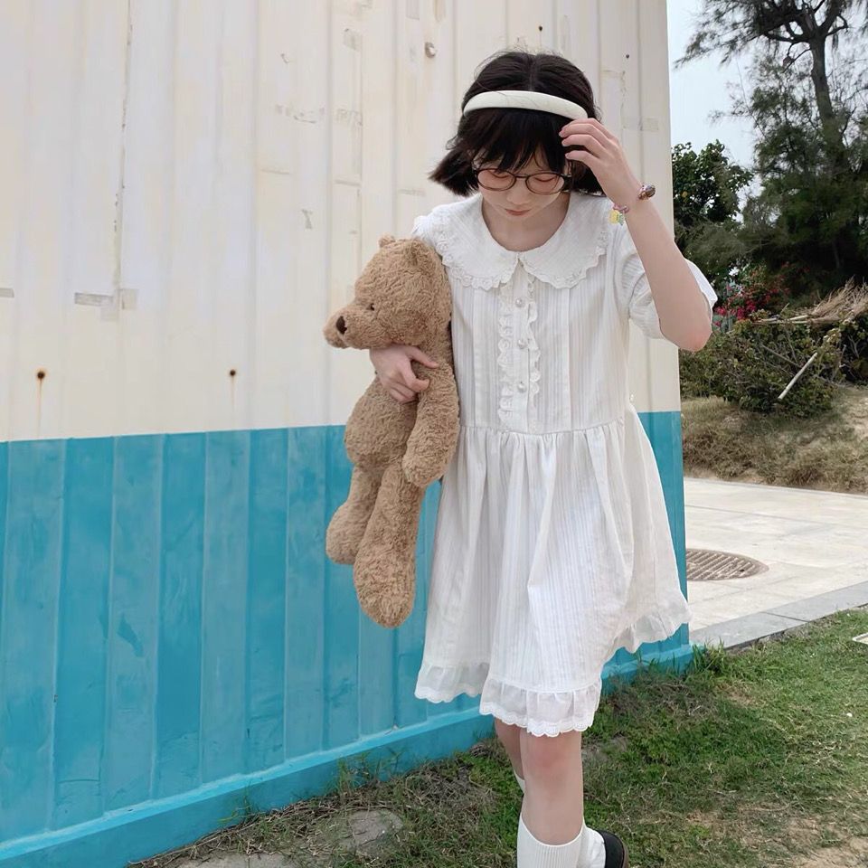 夏季初恋小白裙日系软妹可爱花边娃娃领连衣裙百搭学院甜美公主裙