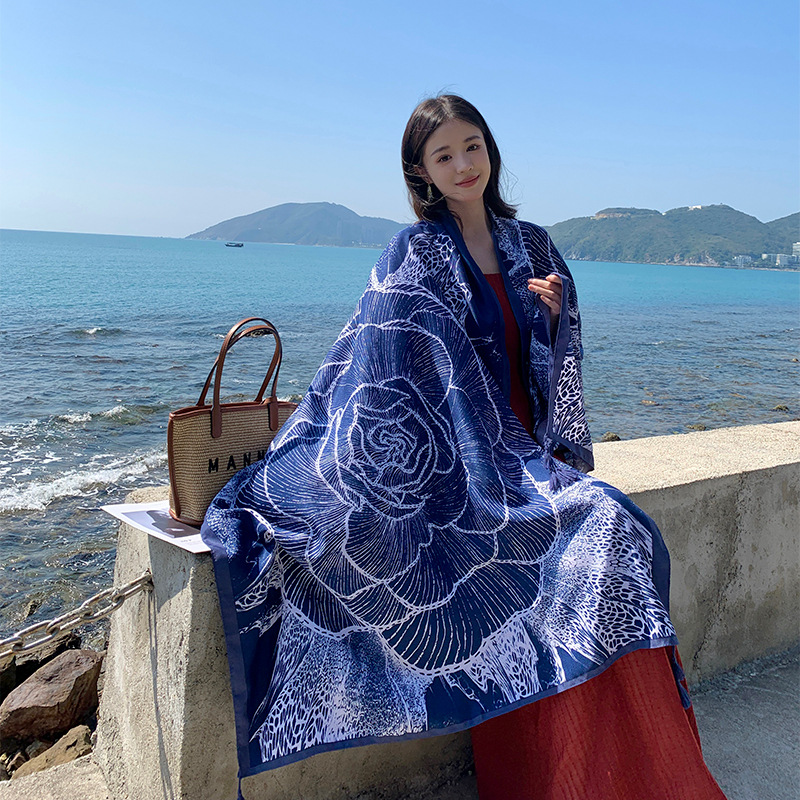 Korean Style Black Rose Spring Summer Thin Imitation Cotton and Linen Feel Silk Scarf Women's Outer Shawl Travel Sun Protection Windproof