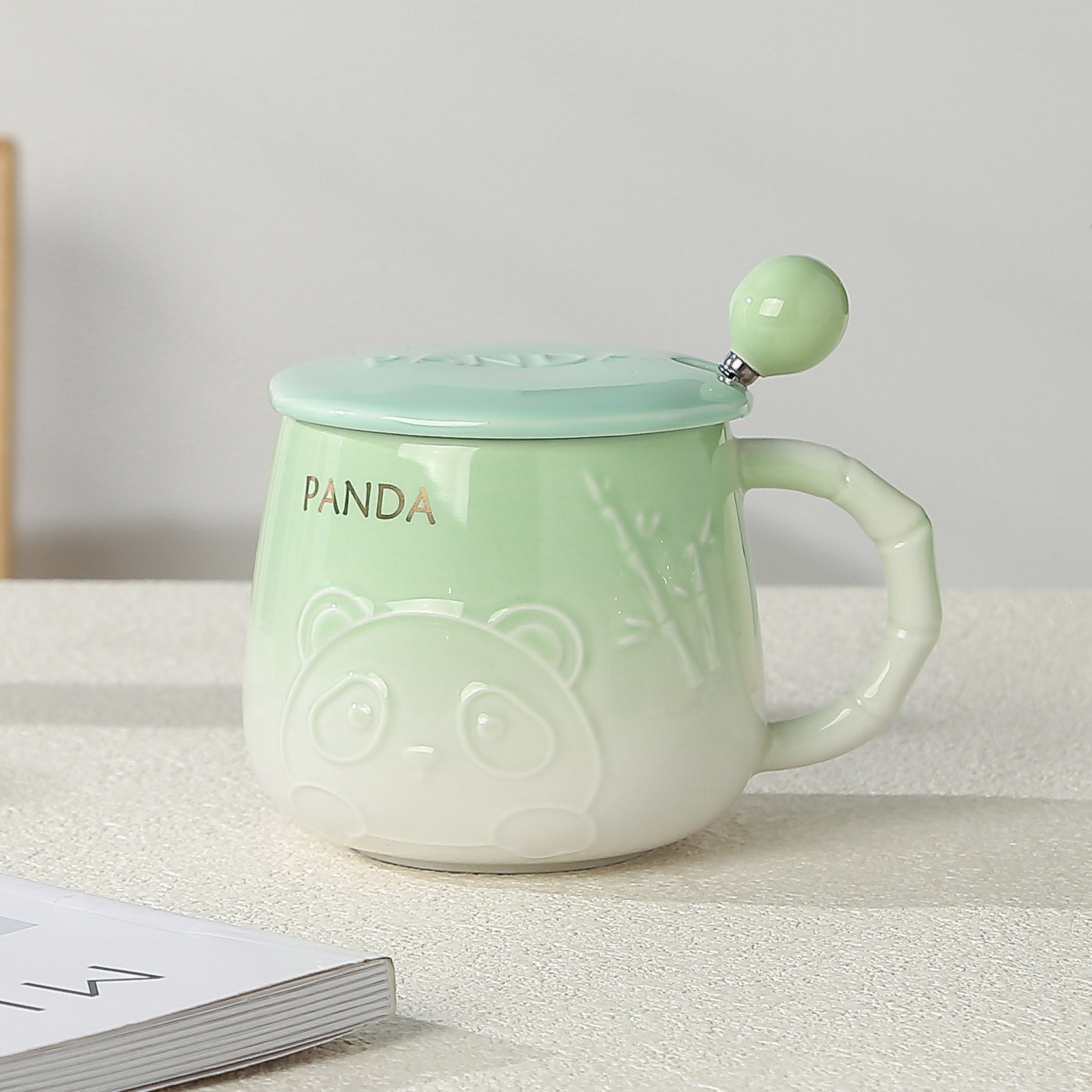 Water Cup Cartoon Embossed Panda Ceramic Mug Ins with Cover Spoon Household Men and Women Good-looking Milk Coffee Cup