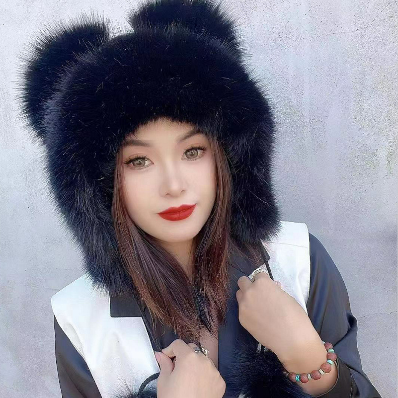 New Cute Bear Ear Cap Imitation Fox Fur Autumn and Winter Hat Female Winter Fur Hat Western Style Ski Cap Warm