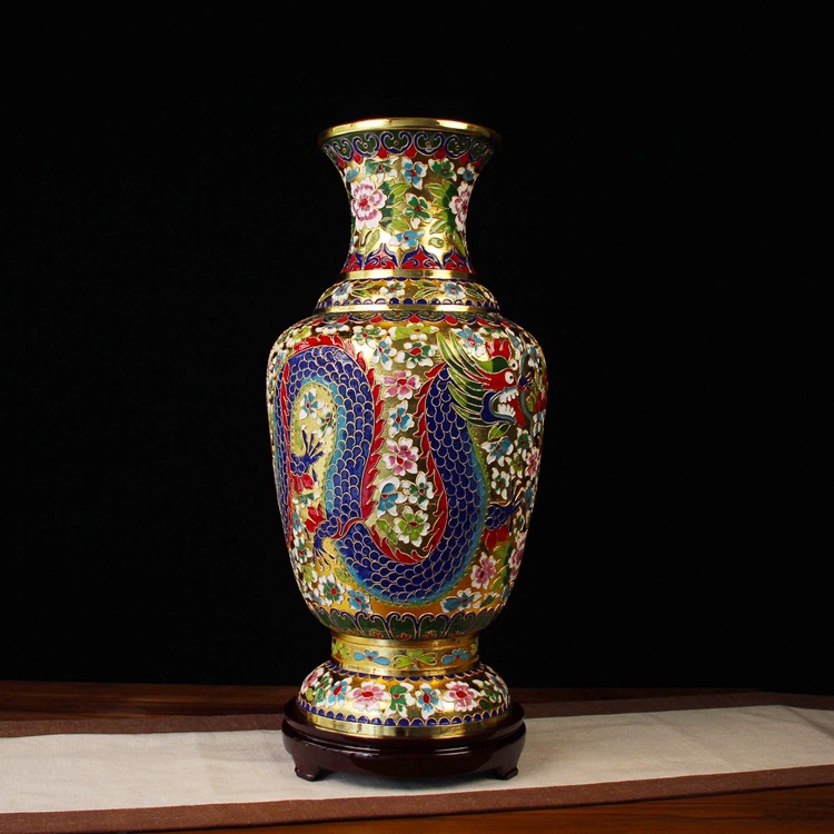 北京景泰蓝花瓶铜胎掐丝珐琅花丝银蓝20寸龙凤六线瓶工艺礼品摆件