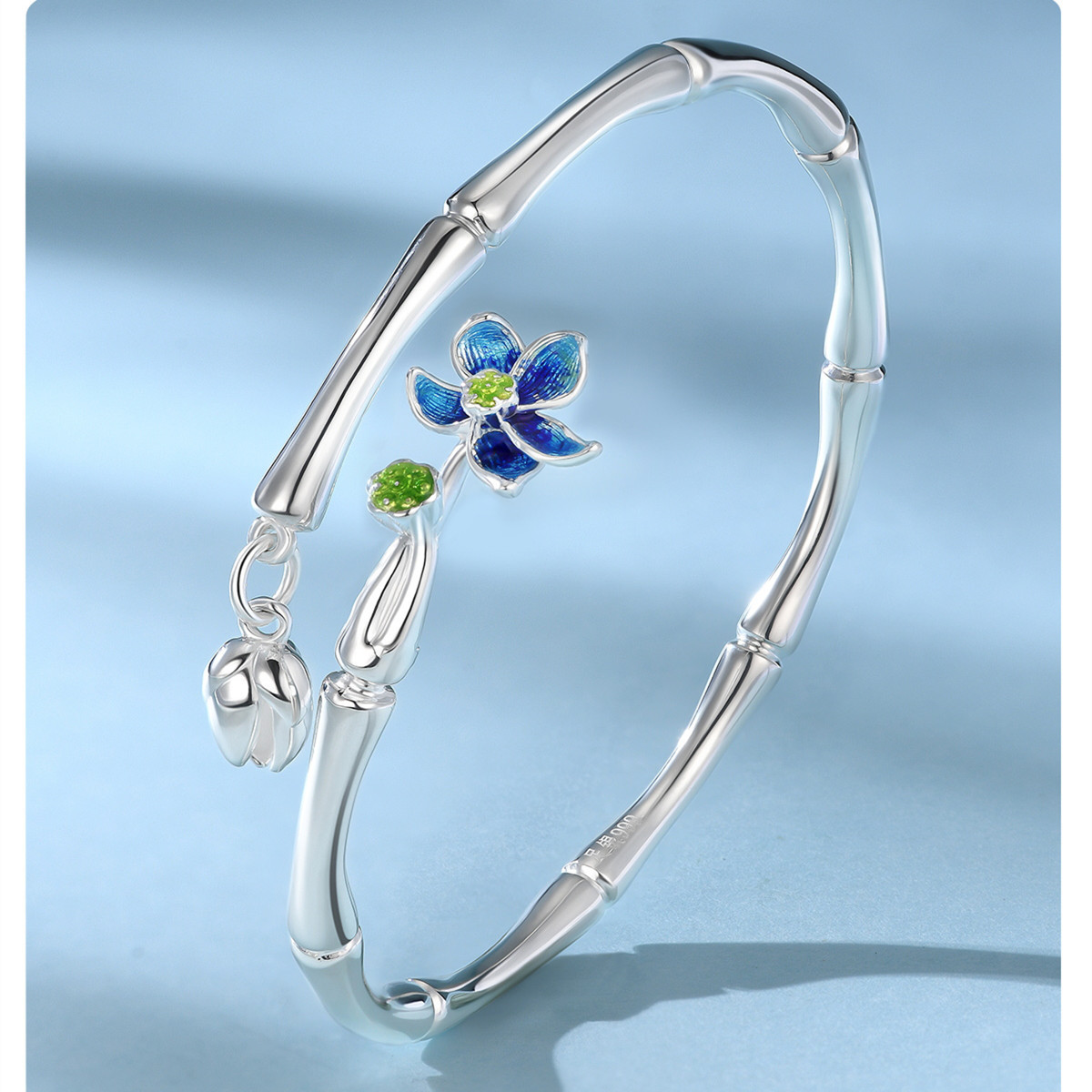 足银手镯9999纯银景泰蓝荷花竹节哑光如意手镯女民族风镯子年轻款