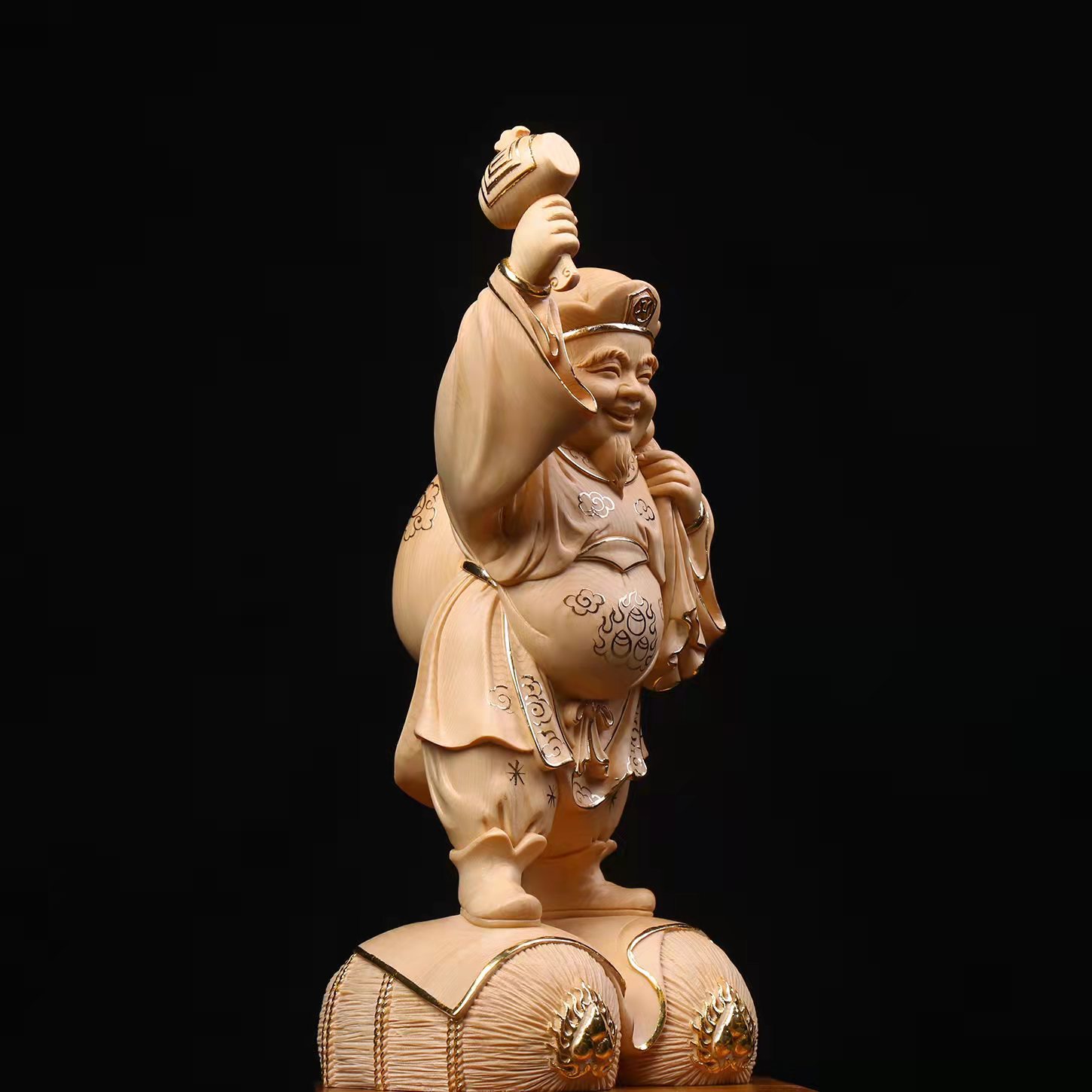 榉木三面大黑天财神喜神摆件 布袋举锤黑天佛像室内前台装饰摆放