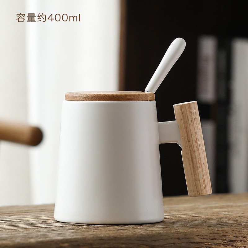 Wooden Handle Wooden Handle Cup Ceramic Mug Gift Box Set Creative Couple Water Cup with Lid Simple Coffee Cup