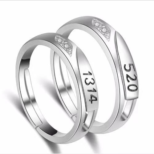 1314520银饰指环 韩版创意情侣戒指 男女对戒镶钻包邮情侣银首饰