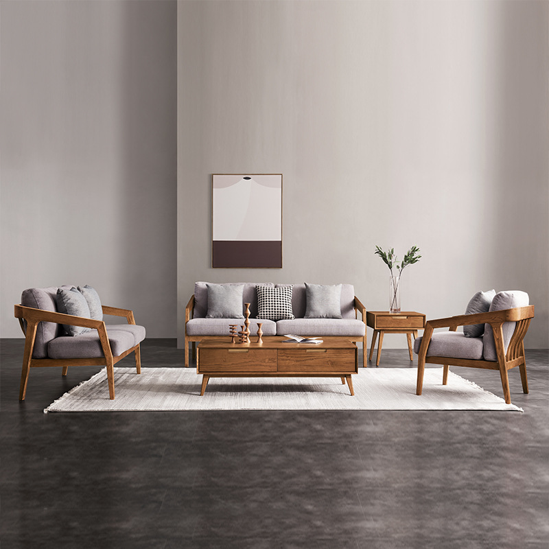 北欧白蜡木全实木小户型客厅布艺沙发现代简约新中式组合家具全屋