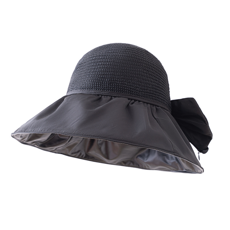 2023 Summer Vinyl Sun Protective Sun Hat Female Hollow out Breathable Bow Face Cover Ultraviolet-Proof Bucket Hat All-Matching