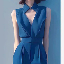 法式设计感高冷御姐风一件式连衣裤蓝色显瘦连体裤女2024新款夏装