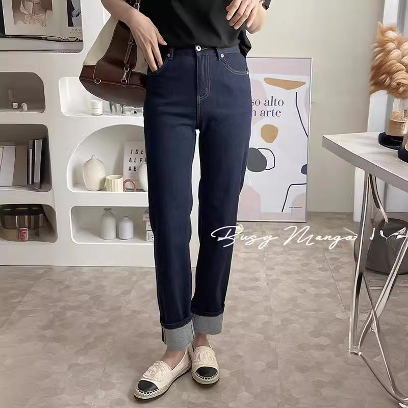 nz2107~自留篙品质牛仔裤~外贸中高腰挽边通勤显瘦百搭直筒牛仔裤