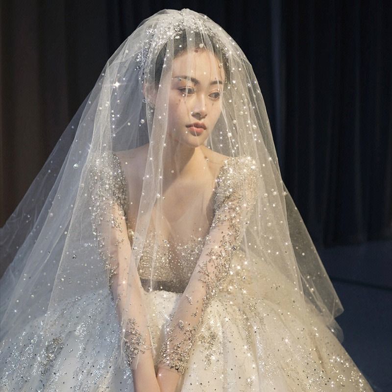 星空亮闪蓬蓬头纱中长款网红珍珠水钻主婚纱新娘结婚头饰超仙森系