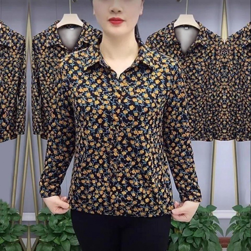 middle-aged and elderly women‘s autumn clothing long-sleeved t-shirt new  collar pullover mom wear spring and autumn base small shirt loose top