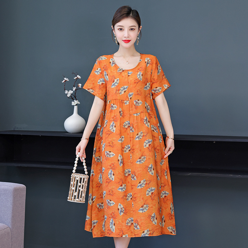 新款气质中年妈妈连衣裙女夏季中老年大码印花天丝棉裙子50岁时尚